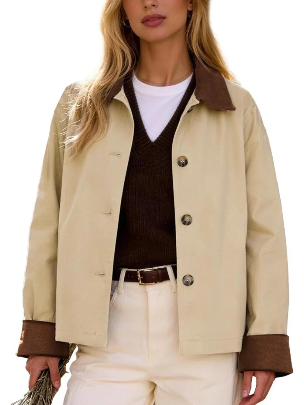 Women's Jackets Cropped Trench Coat Contrast Collar Button Down Loose Khaki